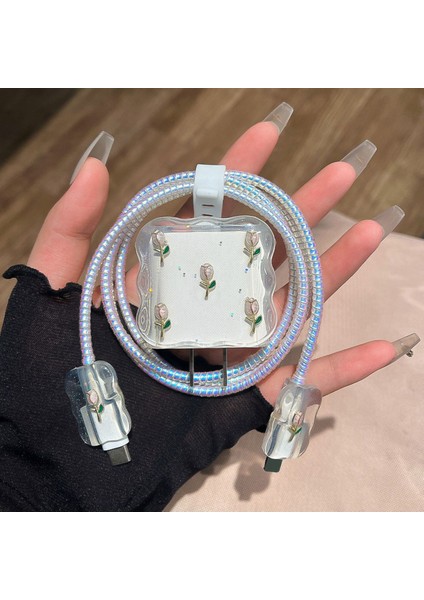 18W/20W Apple iPhone Uyumlu Lale Desenli Şarj Aleti Koruyucu Şarj Kablosu Örme Aparatlı Koruyucu Toparlayıcı modelleri
