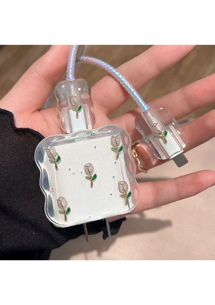 18W/20W Apple iPhone Uyumlu Lale Desenli Şarj Aleti Koruyucu Şarj Kablosu Örme Aparatlı Koruyucu Toparlayıcı fırsatları