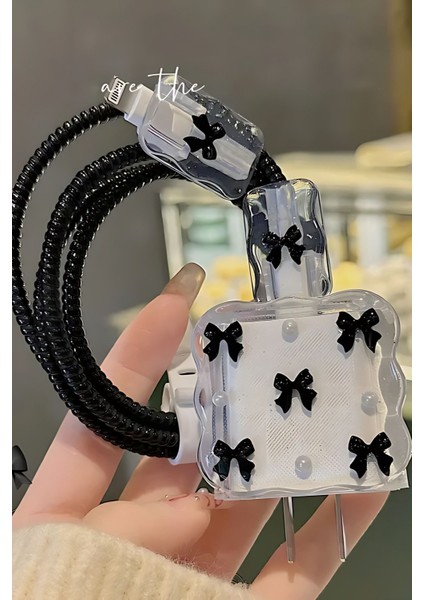 18W/20W Apple iPhone Uyumlu Siyah Fiyonk Şarj Aleti Koruyucu Şarj Kablosu Örme Aparatlı Koruyucu Toparlayıcı