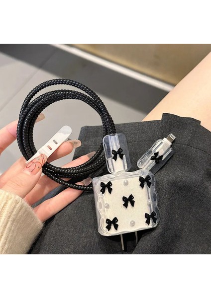 18W/20W Apple iPhone Uyumlu Siyah Fiyonk Şarj Aleti Koruyucu Şarj Kablosu Örme Aparatlı Koruyucu Toparlayıcı modelleri