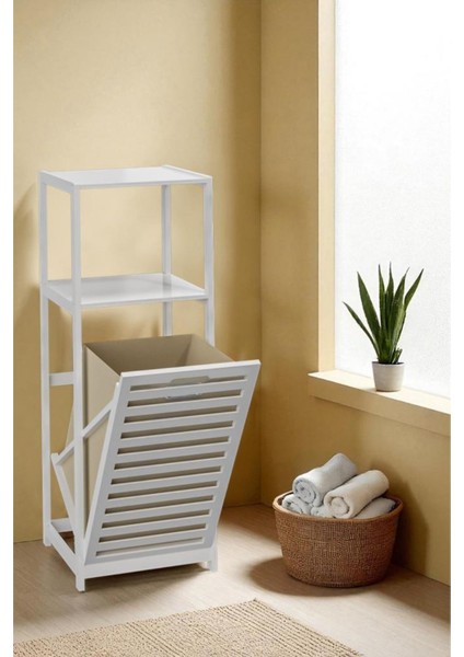 Bambu Beyaz Mat Lake Kirli Sepetli 2 Raflı Banyo Düzenleyici Çamaşır Sepeti DB-0020