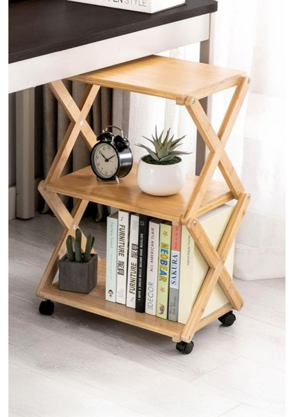 Bambu 3 Raflı Tekerlekli Sehpa Düzenleyici Raf Çok Amaçlı Organizer DB-0023
