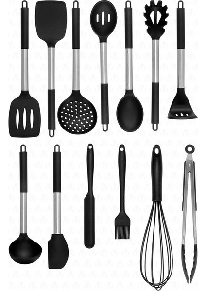 Mora 14 Parça Paslanmaz Çelik Silikon Uçlu Spatula Mutfak Seti Siyah (Yurt Dışından)