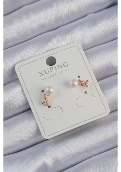 Rose Renk Zirkon Taşlı Incili Minimal Fiyonk Küpe - TJ-BKP9402