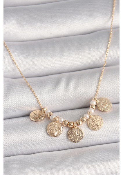 Pirinç Gold Renk 5'Li Osmanlı Tuğra Figür İnci Detay Kadın Kolye - TJ-BKO9825