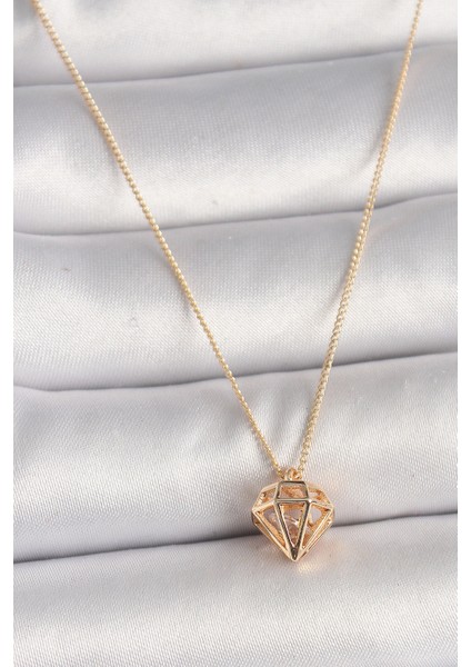 Pirinç Gold Renk 3D Zirkon Taşlı Elmas Model Kadın Kolye - TJ-BKO9829