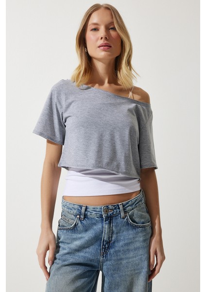 Kayık Yaka Basic Crop Örme T-Shirt LOW0037 Gri Melanj