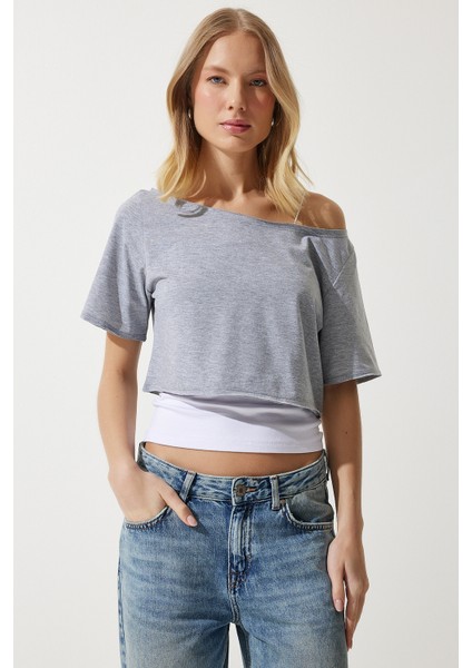 Kayık Yaka Basic Crop Örme T-Shirt LOW0037 Gri Melanj fiyatları