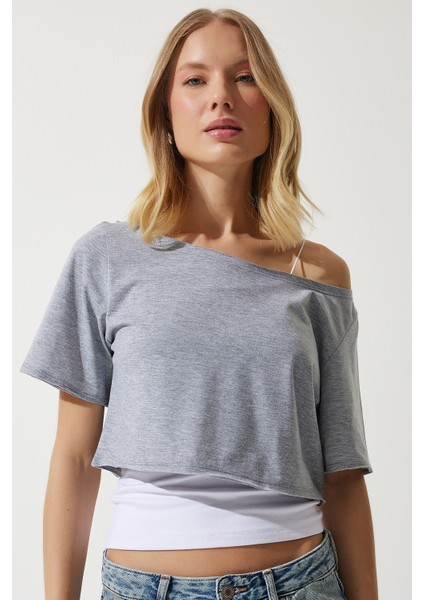 Kayık Yaka Basic Crop Örme T-Shirt LOW0037 Gri Melanj modelleri