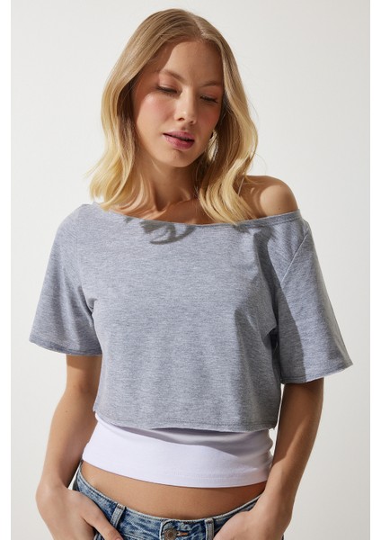 Kayık Yaka Basic Crop Örme T-Shirt LOW0037 Gri Melanj fırsatları