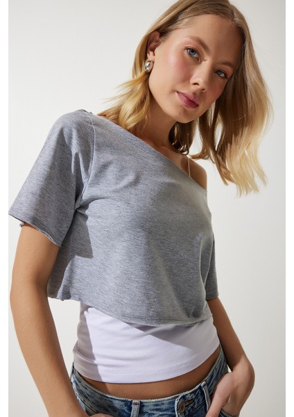 Kayık Yaka Basic Crop Örme T-Shirt LOW0037 Gri Melanj indirimleri