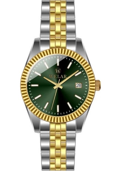 WEL2404-4 Orjinal Yeşil Kadran Gold Gümüş Renk Kordon Paslanmaz Çelik Kadın Kol Saati