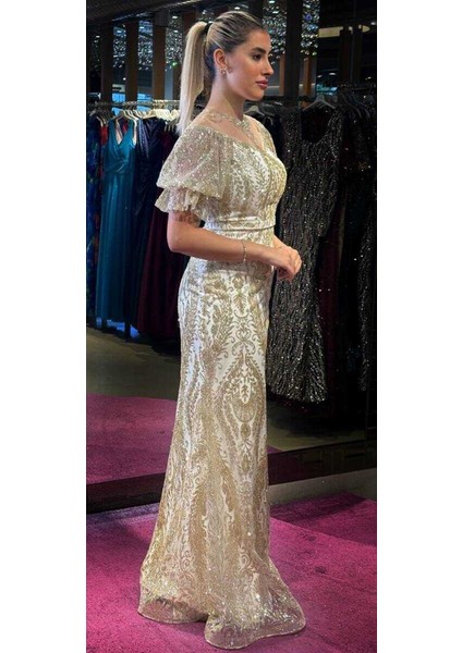 Beyaz Balon Kollu Dantel Detaylı Düz Kesim Simli Uzun Abiye Elbise 7278 modelleri