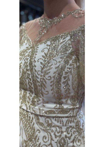 Beyaz Balon Kollu Dantel Detaylı Düz Kesim Simli Uzun Abiye Elbise 7278 fırsatları