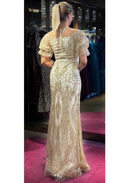 Beyaz Balon Kollu Dantel Detaylı Düz Kesim Simli Uzun Abiye Elbise 7278 indirimleri