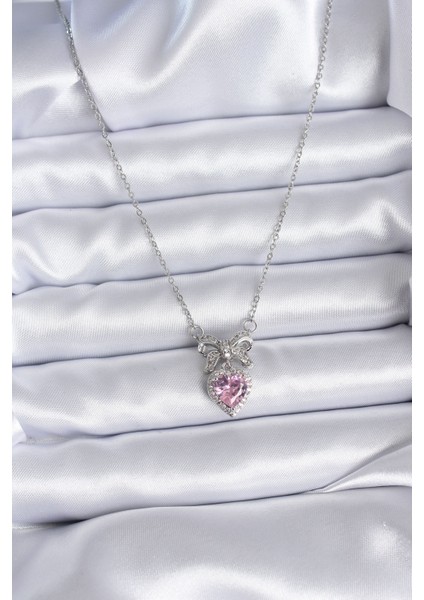 316L Çelik Gümüş Renk Zincir Pembe Kristal Kalp Zirkon Taşlı Kurdele Model Kadın Kolye - TJ-BKO7746 fiyatları