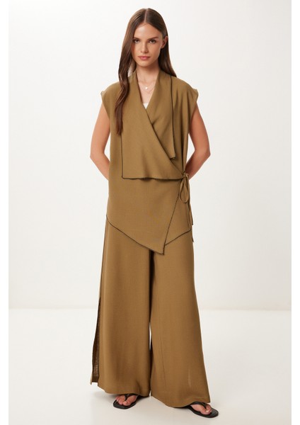 Dökümlü Keten Yelek Pantolon Takım LNO0004 Haki modelleri