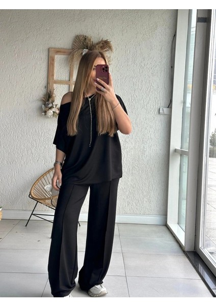 Kadın Tek Omuzdan Açık Geniş Kesim Viskon Iki Iplik Bluz ve Pantolon Ikili Takım