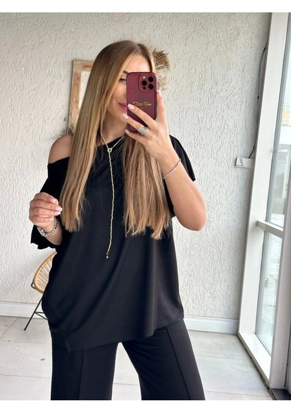 Kadın Tek Omuzdan Açık Geniş Kesim Viskon Iki Iplik Bluz ve Pantolon Ikili Takım fiyatları