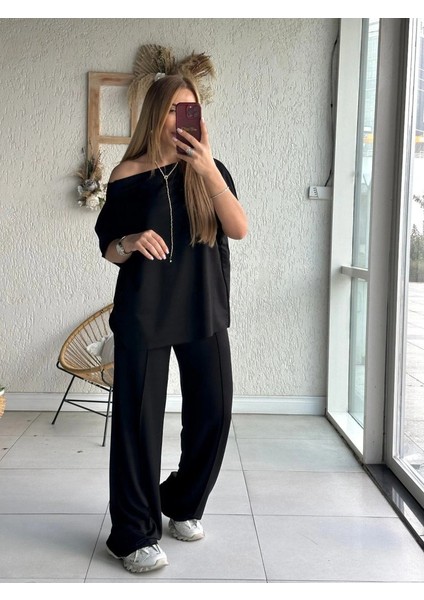 Kadın Tek Omuzdan Açık Geniş Kesim Viskon Iki Iplik Bluz ve Pantolon Ikili Takım modelleri