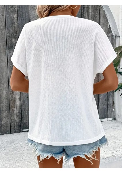 Kadın Kısa Kollu Yakası Açık Önden Düğmeli Waffle Bluz fiyatları