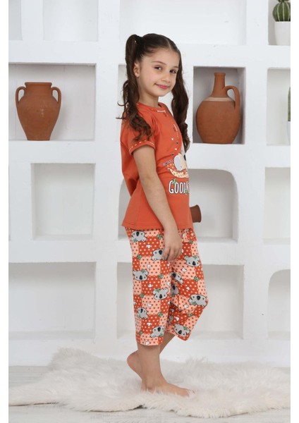 (3-14 Yaş) Koala Desenli Kız Çocuk kapri takım - Kiremit modelleri
