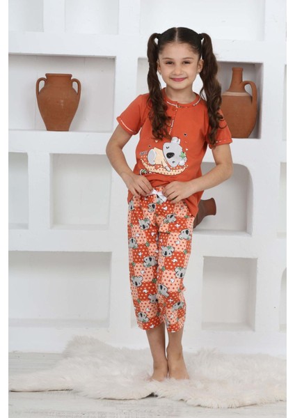 (3-14 Yaş) Koala Desenli Kız Çocuk kapri takım - Kiremit fırsatları