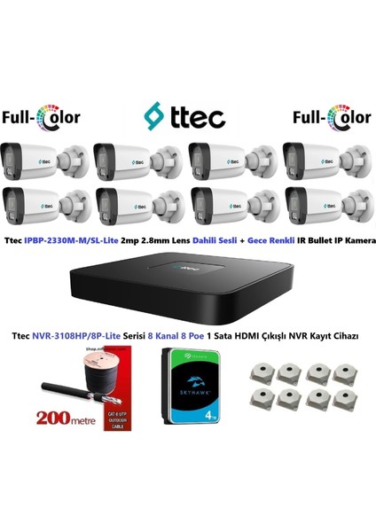 Nif Bilişim 2mp Dahili Sesli ve Gece Renkli 8 Kameralı 4tb Disk Tak Çalıştır Hazır Ip Kamera Seti