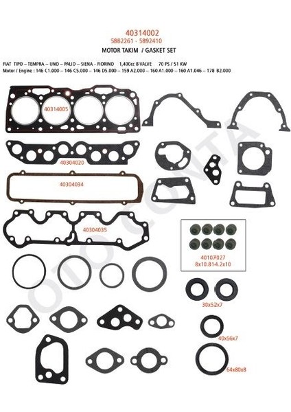 CONTA40314001 - Motor Takım Conta Keçesiz Tıpo 1.4 Uno 70