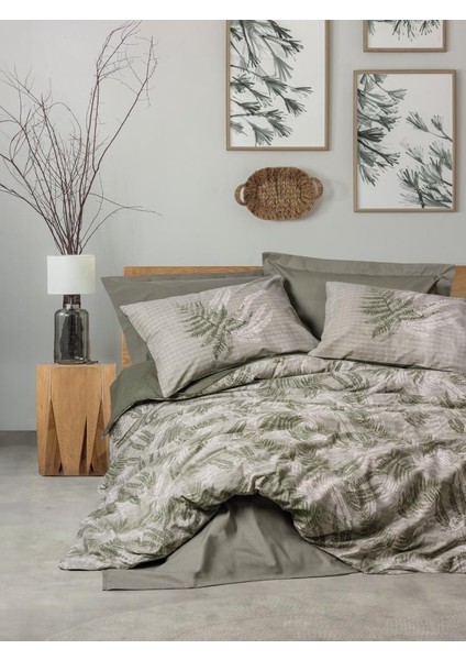 Ranforce %100 Pamuk Tek Kişilik Nevresim Seti- Haki Yeşili & Yaprak Desenli Tasarım - Frond