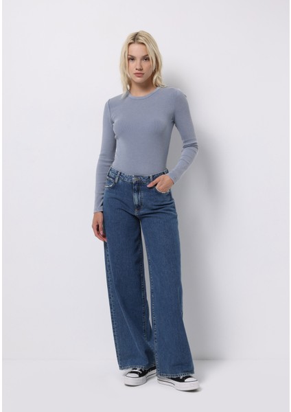 Loose Fit Düşük Bel Geniş Paça Kadın Indigo Jean Pantolon