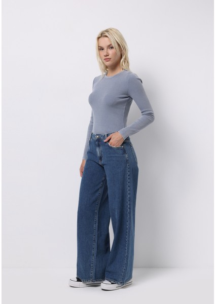 Loose Fit Düşük Bel Geniş Paça Kadın Indigo Jean Pantolon modelleri