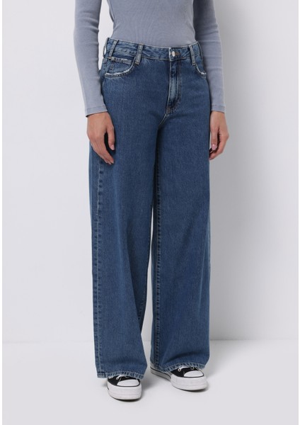 Loose Fit Düşük Bel Geniş Paça Kadın Indigo Jean Pantolon fırsatları