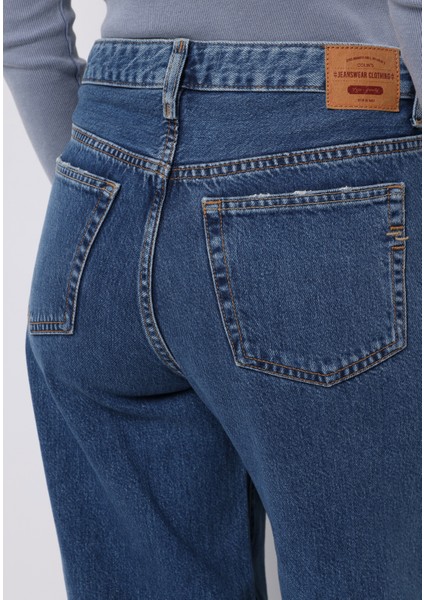 Loose Fit Düşük Bel Geniş Paça Kadın Indigo Jean Pantolon