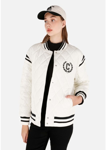 Regular Fit V Yaka Kadın Beyaz Mont