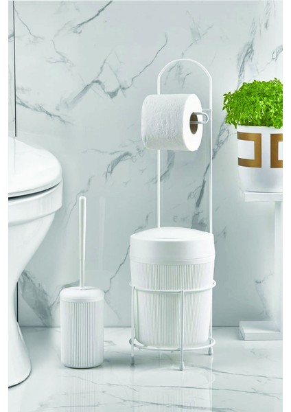 Metal Standlı Yuvarlak Kovalı & Kağıtlıklı & Fırçalıklı Beyaz Banyo Takımı fiyatları