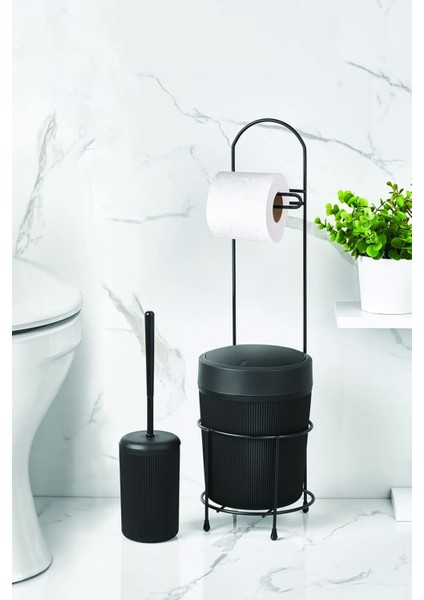 Metal Standlı Yuvarlak Kovalı & Kağıtlıklı & Fırçalıklı Siyah Banyo Takımı fiyatları