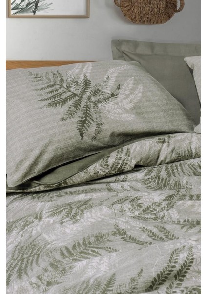 Ranforce %100 Pamuk Tek Kişilik Nevresim Seti- Haki Yeşili & Yaprak Desenli Tasarım - Frond modelleri