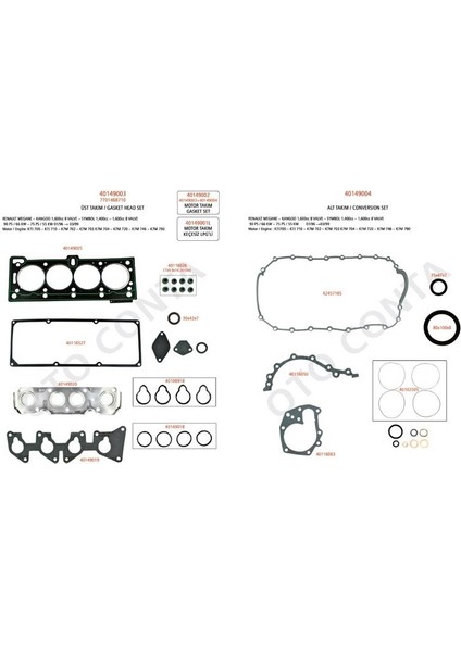 CONTA40149002 - Motor Takım Conta Full Silindir Kapak Contası'lı Keçelı Megane Clıo 1.4 1.6 8V K7J K7M