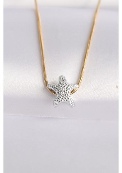 316L Çelik Zincir Altın Renk Zincirli Gümüş Renk Deniz Yıldızı Tasarımlı Kolye - TJ-BKO8607