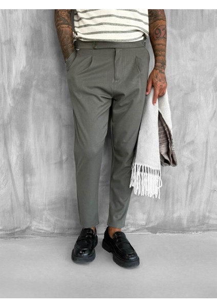 Erkek Ayarlanabilir Tokalı Pileli Kumaş Pantolon Haki