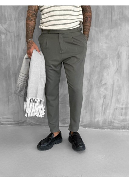 Erkek Ayarlanabilir Tokalı Pileli Kumaş Pantolon Haki modelleri