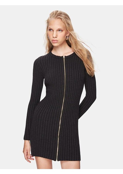 TOHAZA Fitilli Sıfır Yaka Fermuarlı Mini Triko Siyah Elbise 11251003651252 fiyatları