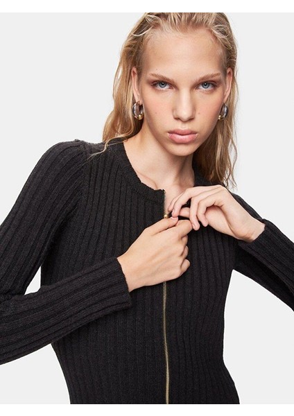 TOHAZA Fitilli Sıfır Yaka Fermuarlı Mini Triko Siyah Elbise 11251003651252 modelleri