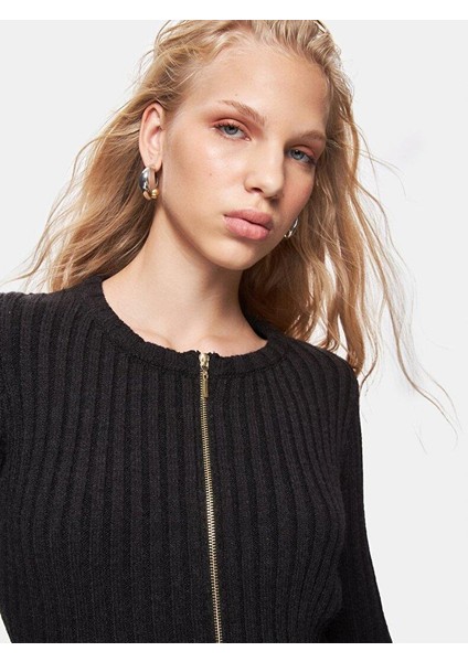 TOHAZA Fitilli Sıfır Yaka Fermuarlı Mini Triko Siyah Elbise 11251003651252 fırsatları