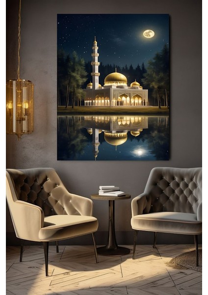 Dolunay Manzaralı Cami Kanvas Tablo Ev Duvar Salon Ofis Dükkan Hediyelik Dekarasyon Süsü