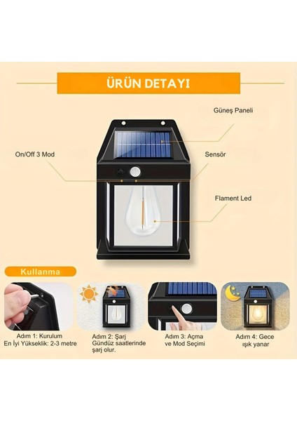 Büyük 2 Adet Güneş Enerjili Hareket ve Aydınlık Sensörlü Siyah Rustik Lamba Solar Aydınlatma Aplik indirimleri