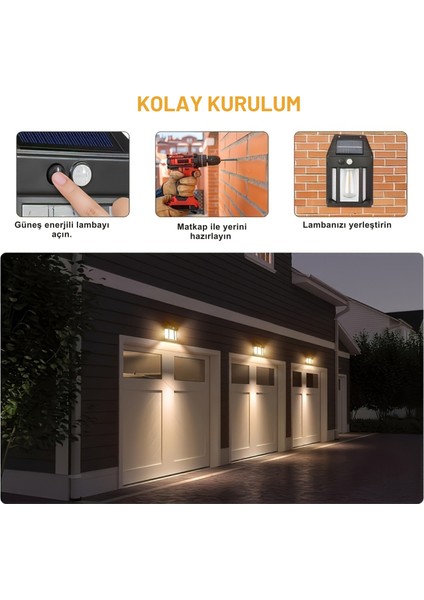 Büyük 2 Adet Güneş Enerjili Hareket ve Aydınlık Sensörlü Siyah Rustik Lamba Solar Aydınlatma Aplik