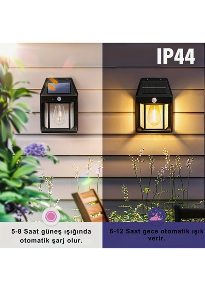 Büyük 2 Adet Güneş Enerjili Hareket ve Aydınlık Sensörlü Siyah Rustik Lamba Solar Aydınlatma Aplik