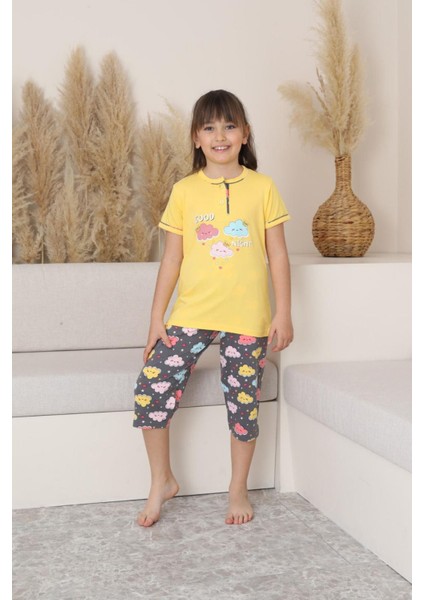 (6-14 Yaş) Bulut Desenli Kız Çocuk kapri takım - Sarı